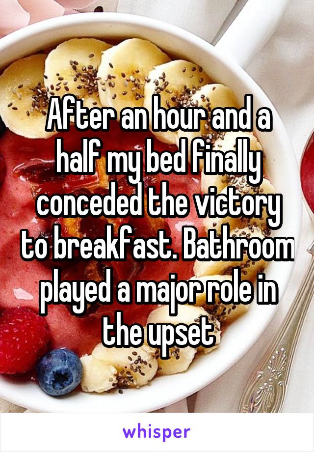 After an hour and a half my bed finally conceded the victory to breakfast. Bathroom played a major role in the upset