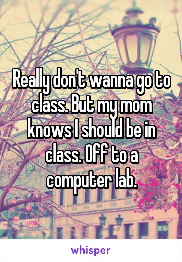 Really don't wanna go to class. But my mom knows I should be in class. Off to a computer lab.