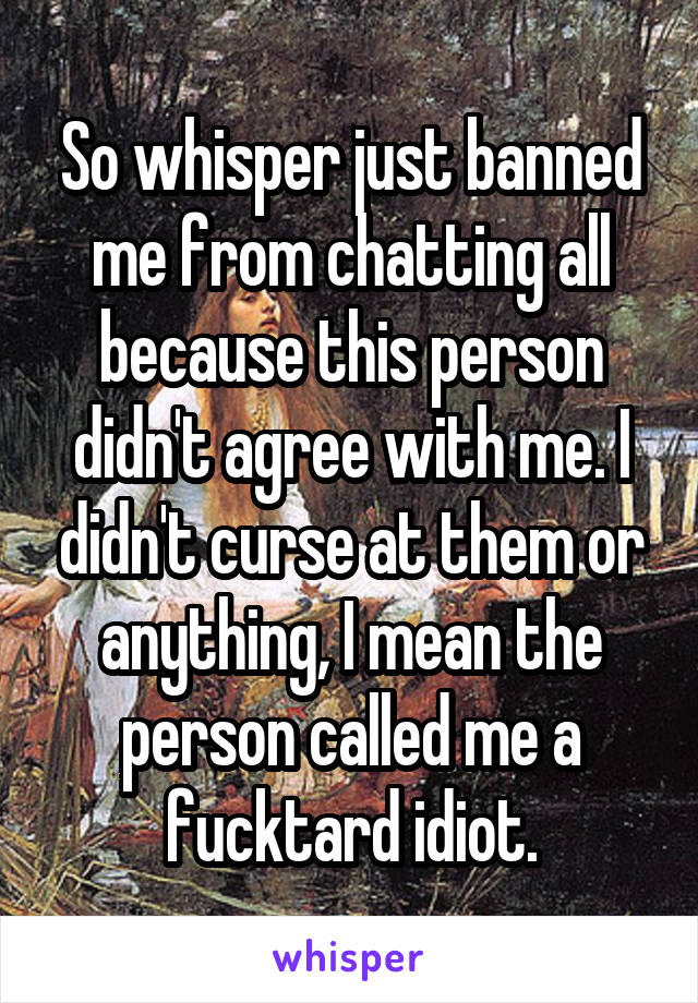 So whisper just banned me from chatting all because this person didn't agree with me. I didn't curse at them or anything, I mean the person called me a fucktard idiot.