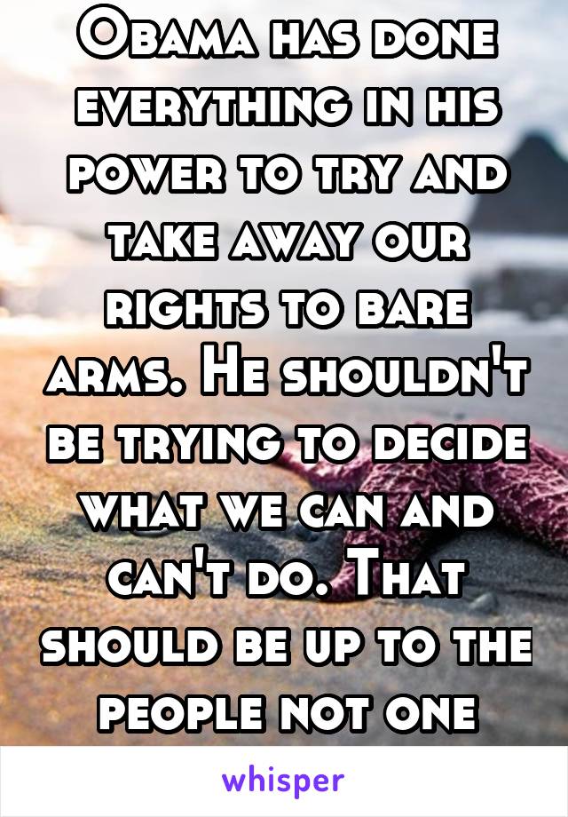 Obama has done everything in his power to try and take away our rights to bare arms. He shouldn't be trying to decide what we can and can't do. That should be up to the people not one person.