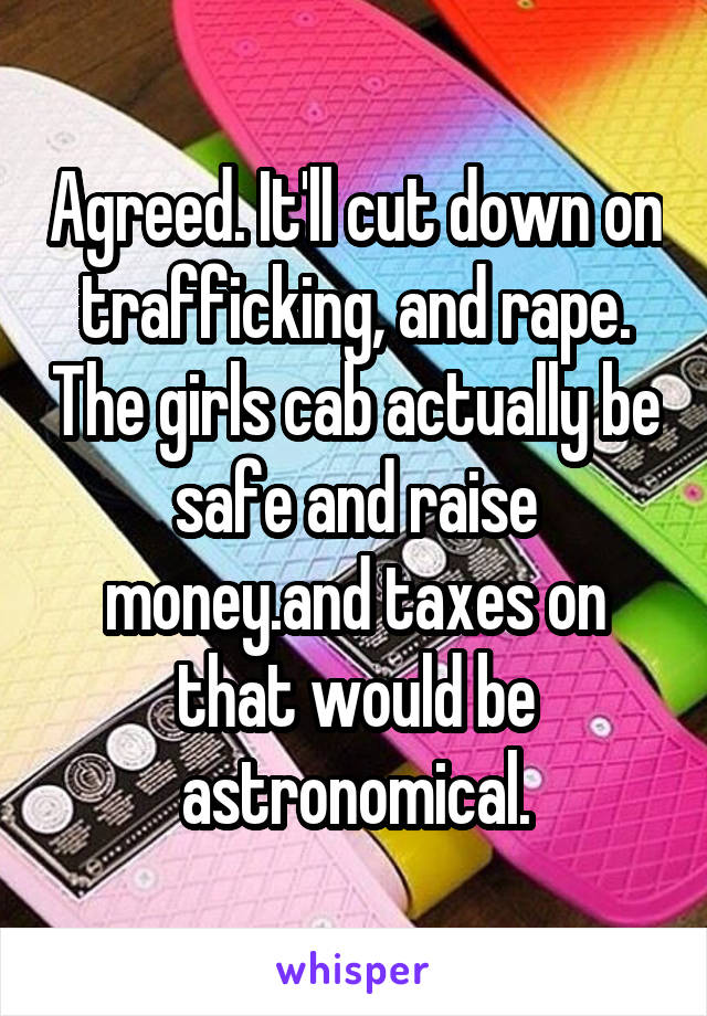 Agreed. It'll cut down on trafficking, and rape. The girls cab actually be safe and raise money.and taxes on that would be astronomical.