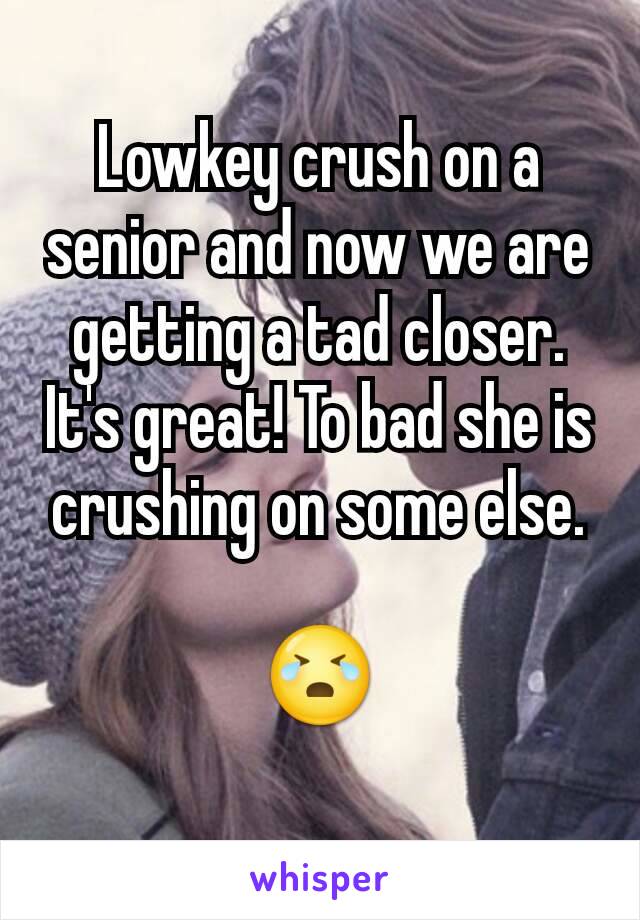 Lowkey crush on a senior and now we are getting a tad closer. It's great! To bad she is crushing on some else.

😭
