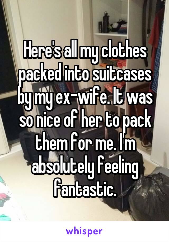 Here's all my clothes packed into suitcases by my ex-wife. It was so nice of her to pack them for me. I'm absolutely feeling fantastic.
