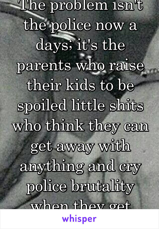 The problem isn't the police now a days; it's the parents who raise their kids to be spoiled little shits who think they can get away with anything and cry police brutality when they get caught!