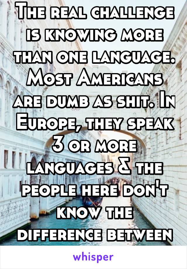 The real challenge is knowing more than one language. Most Americans are dumb as shit. In Europe, they speak 3 or more languages & the people here don't know the difference between to & too. 