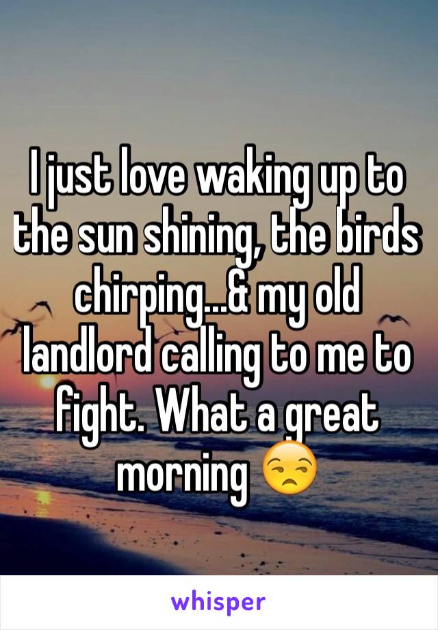 I just love waking up to the sun shining, the birds chirping...& my old landlord calling to me to fight. What a great morning 😒