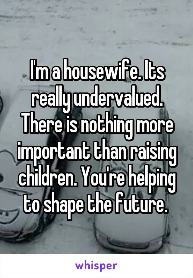 I'm a housewife. Its really undervalued. There is nothing more important than raising children. You're helping to shape the future. 