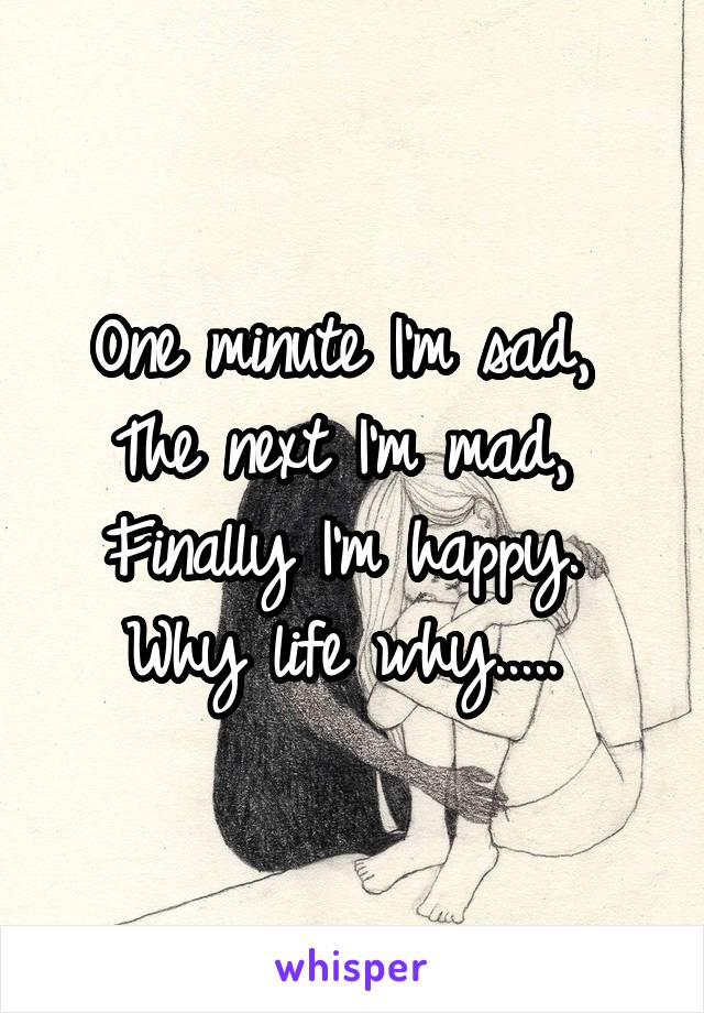 One minute I'm sad, 
The next I'm mad, 
Finally I'm happy. 
Why life why..... 