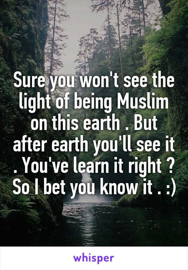 Sure you won't see the light of being Muslim on this earth . But after earth you'll see it . You've learn it right ? So I bet you know it . :)