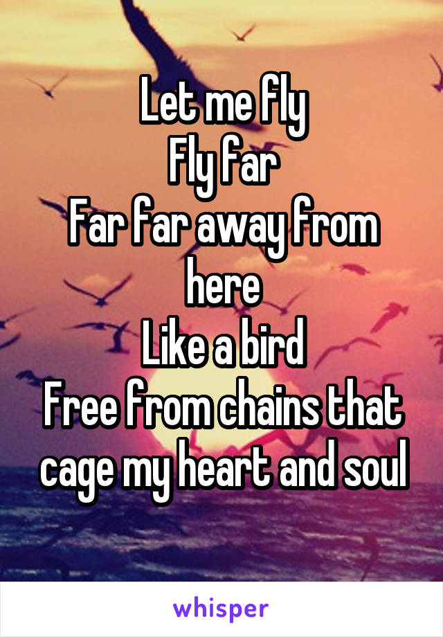 Let me fly
Fly far
Far far away from here
Like a bird
Free from chains that cage my heart and soul
