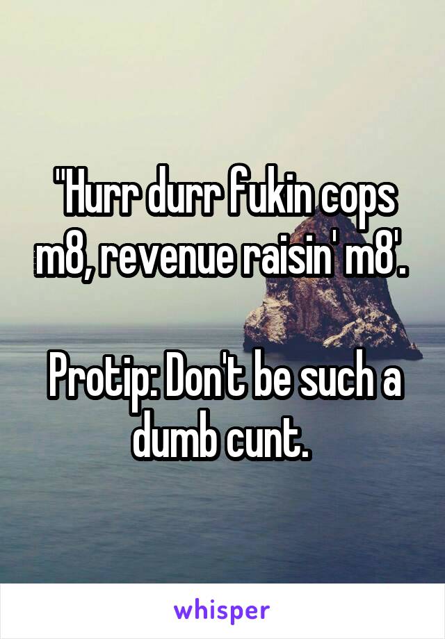 "Hurr durr fukin cops m8, revenue raisin' m8'. 

Protip: Don't be such a dumb cunt. 