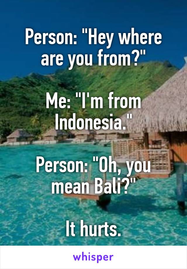 Person: "Hey where are you from?"

Me: "I'm from Indonesia."

Person: "Oh, you mean Bali?"

It hurts.