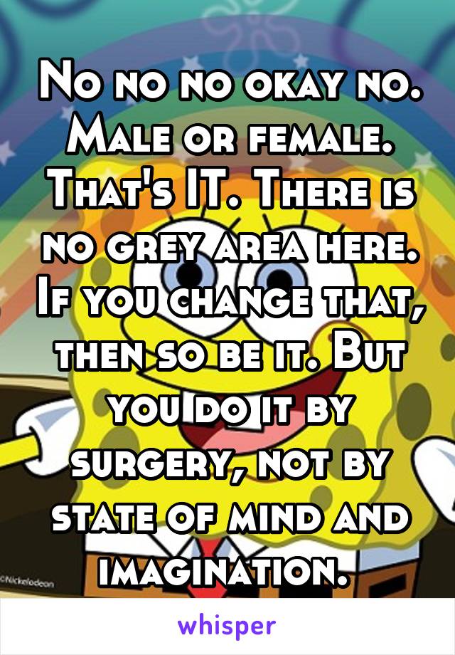 No no no okay no. Male or female. That's IT. There is no grey area here. If you change that, then so be it. But you do it by surgery, not by state of mind and imagination. 