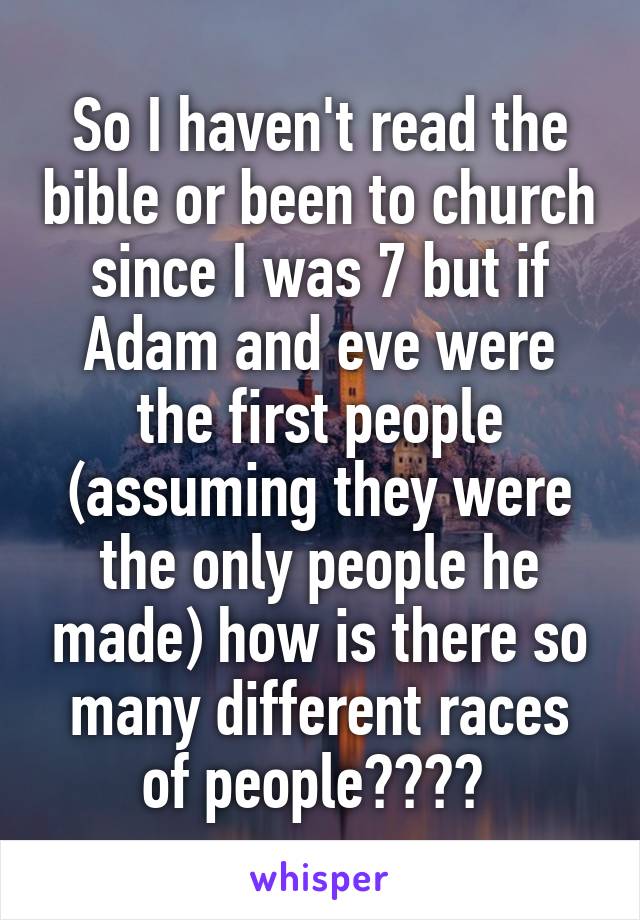 So I haven't read the bible or been to church since I was 7 but if Adam and eve were the first people (assuming they were the only people he made) how is there so many different races of people???? 