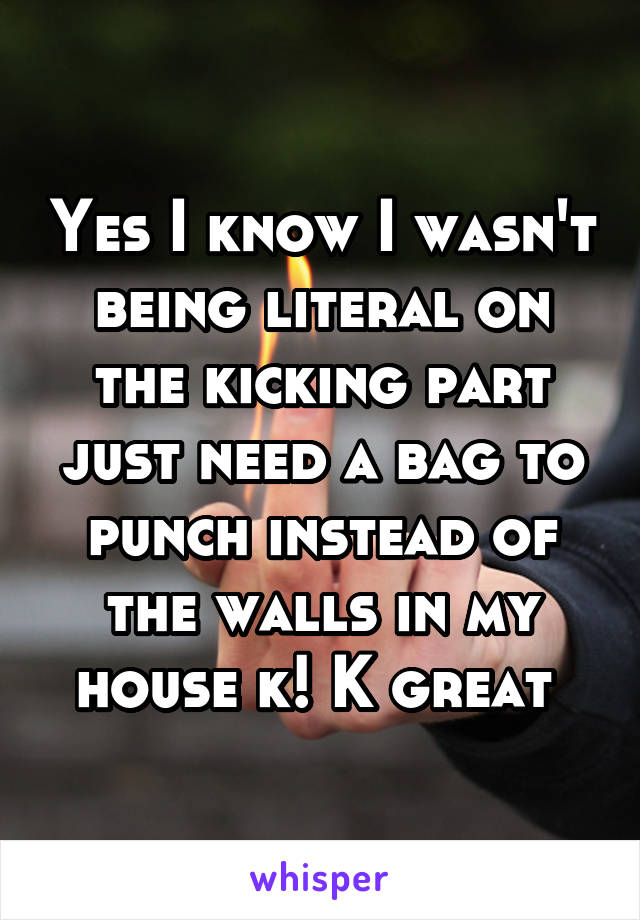 Yes I know I wasn't being literal on the kicking part just need a bag to punch instead of the walls in my house k! K great 
