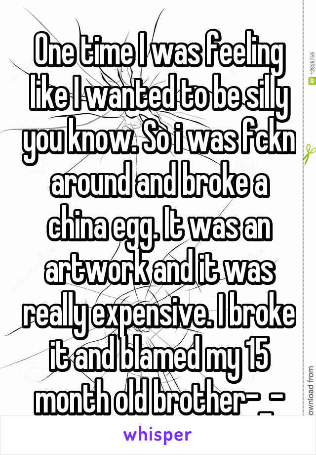 One time I was feeling like I wanted to be silly you know. So i was fckn around and broke a china egg. It was an artwork and it was really expensive. I broke it and blamed my 15 month old brother-_-