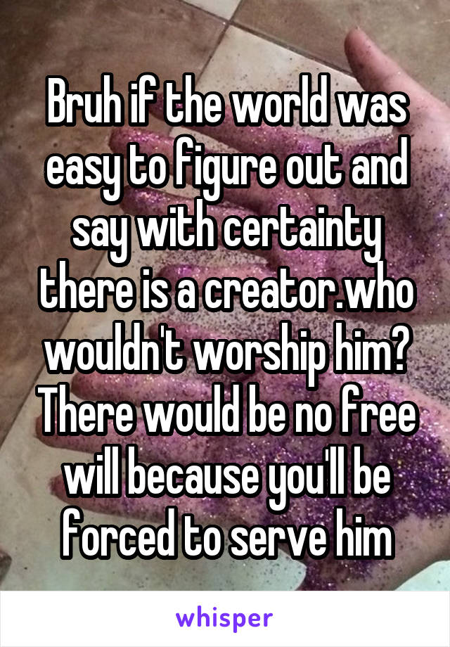 Bruh if the world was easy to figure out and say with certainty there is a creator.who wouldn't worship him? There would be no free will because you'll be forced to serve him