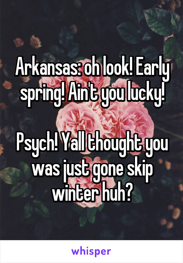 Arkansas: oh look! Early spring! Ain't you lucky!

Psych! Yall thought you was just gone skip winter huh?