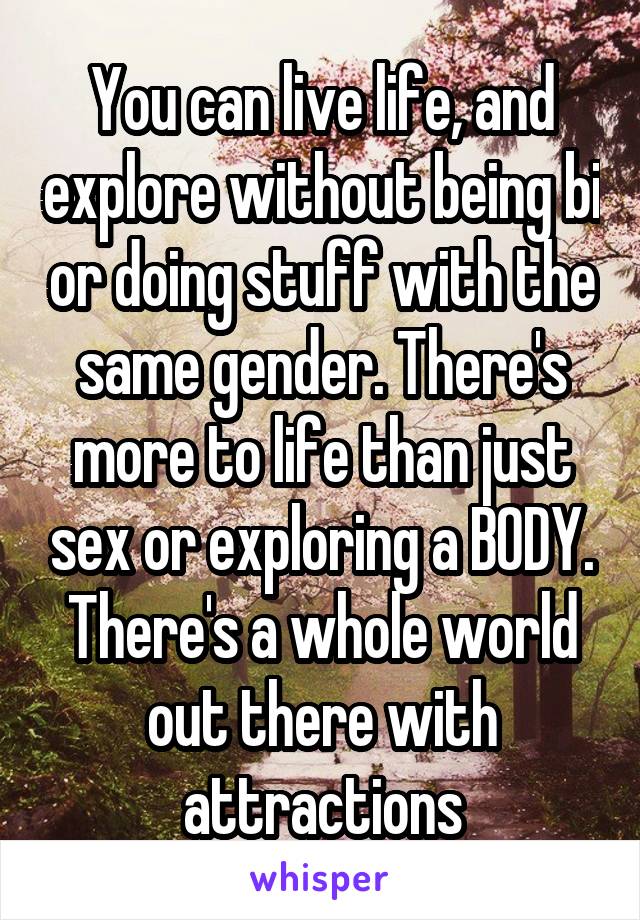 You can live life, and explore without being bi or doing stuff with the same gender. There's more to life than just sex or exploring a BODY. There's a whole world out there with attractions