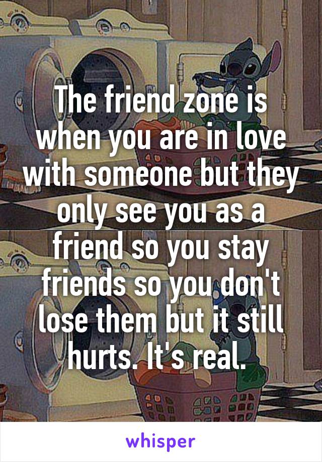 The friend zone is when you are in love with someone but they only see you as a friend so you stay friends so you don't lose them but it still hurts. It's real. 