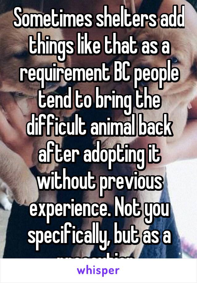 Sometimes shelters add things like that as a requirement BC people tend to bring the difficult animal back after adopting it without previous experience. Not you specifically, but as a precaution. 