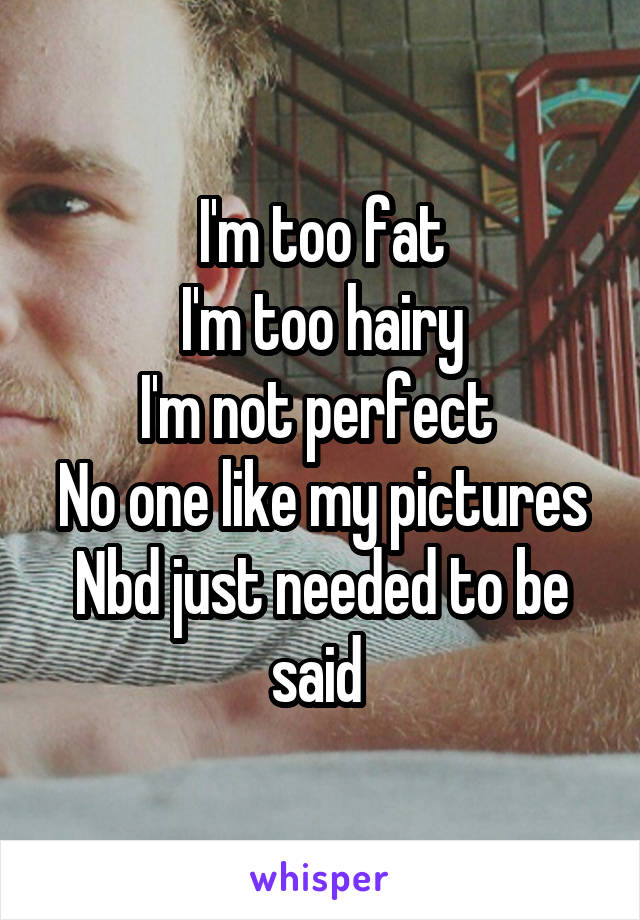 I'm too fat
I'm too hairy
I'm not perfect 
No one like my pictures
Nbd just needed to be said 