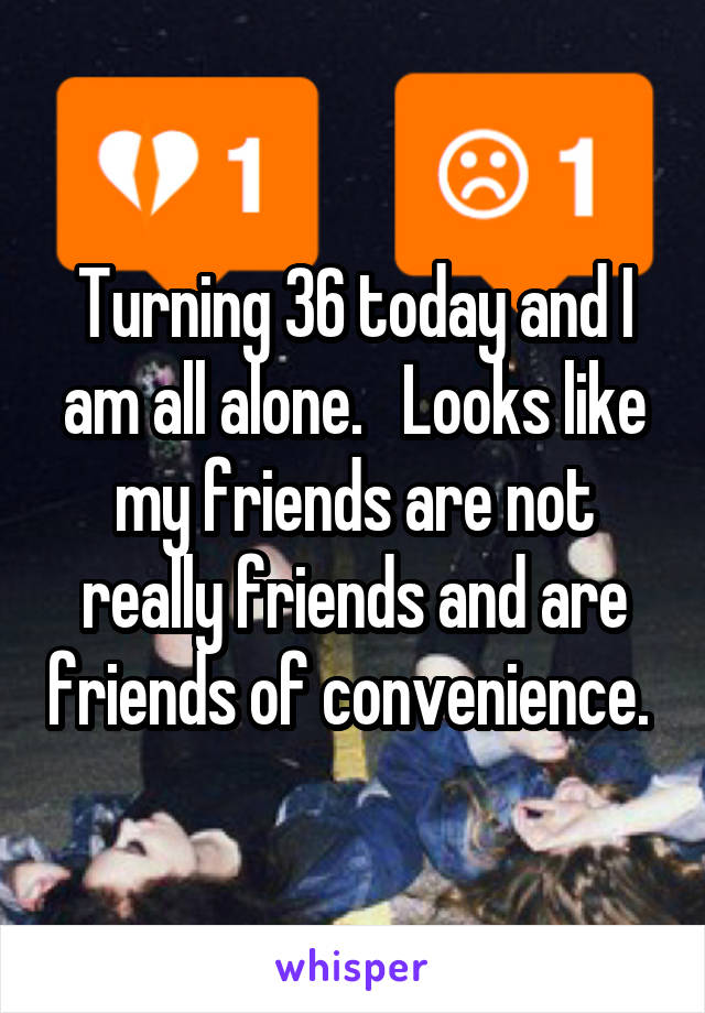 Turning 36 today and I am all alone.   Looks like my friends are not really friends and are friends of convenience. 