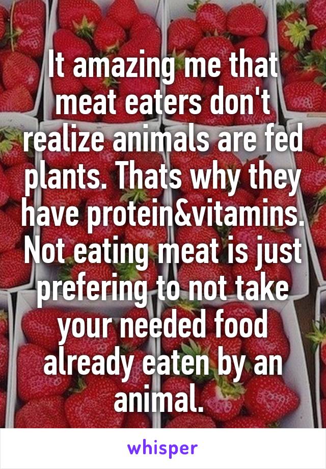 It amazing me that meat eaters don't realize animals are fed plants. Thats why they have protein&vitamins. Not eating meat is just prefering to not take your needed food already eaten by an animal. 