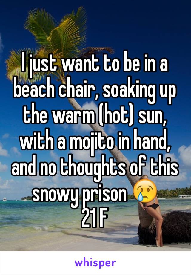 I just want to be in a beach chair, soaking up the warm (hot) sun, with a mojito in hand, and no thoughts of this snowy prison 😢
21 F