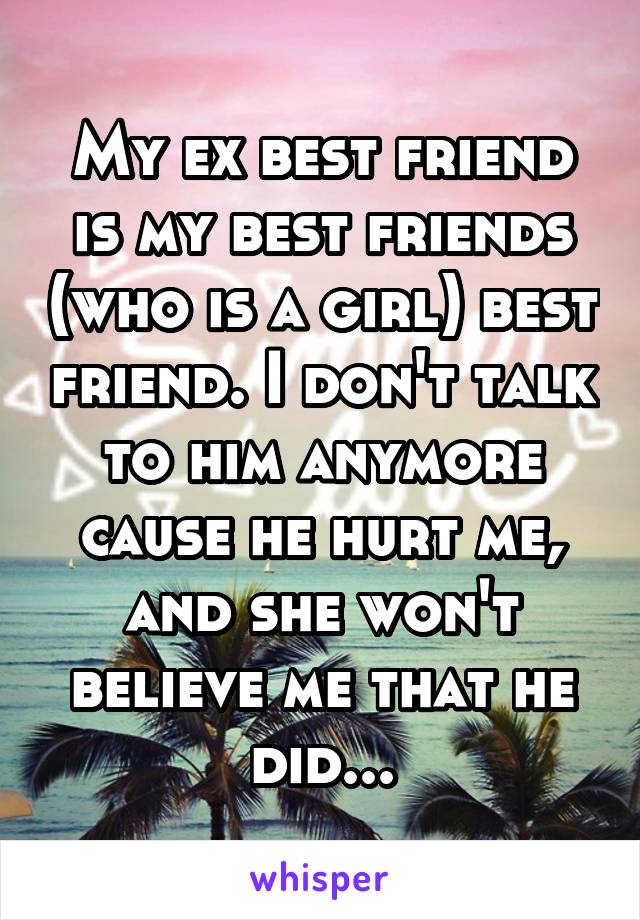 My ex best friend is my best friends (who is a girl) best friend. I don't talk to him anymore cause he hurt me, and she won't believe me that he did...