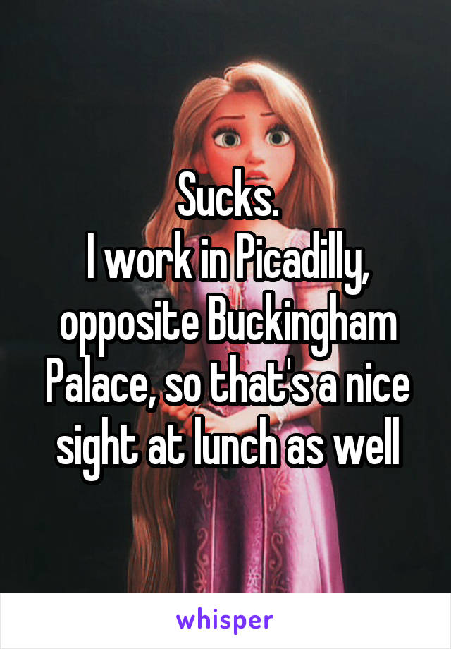 Sucks.
I work in Picadilly, opposite Buckingham Palace, so that's a nice sight at lunch as well