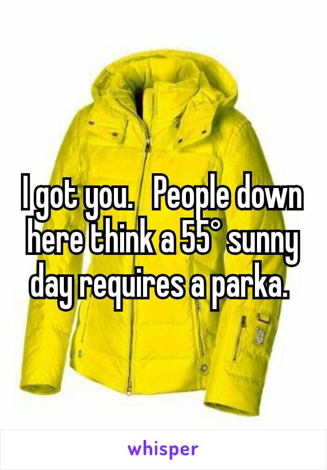 I got you.   People down here think a 55° sunny day requires a parka. 