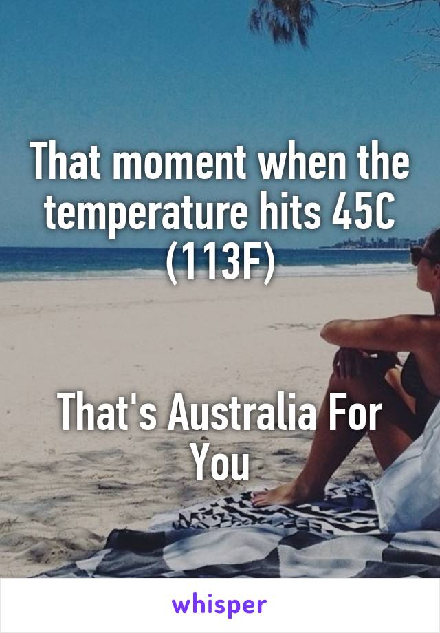 That moment when the temperature hits 45C (113F)


That's Australia For You