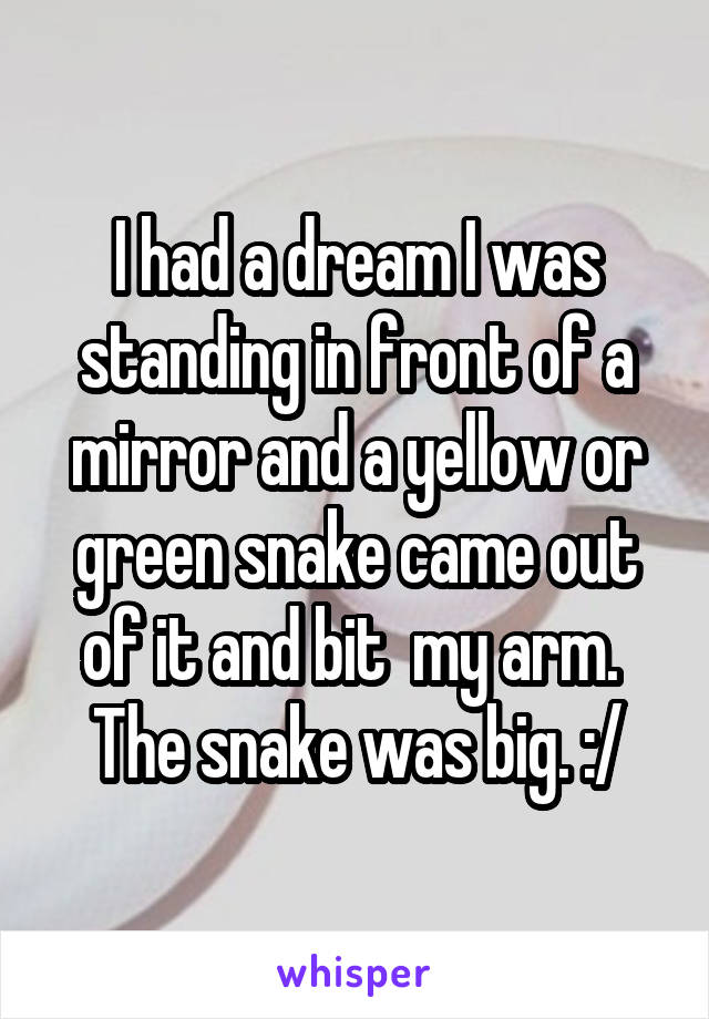 I had a dream I was standing in front of a mirror and a yellow or green snake came out of it and bit  my arm.  The snake was big. :/