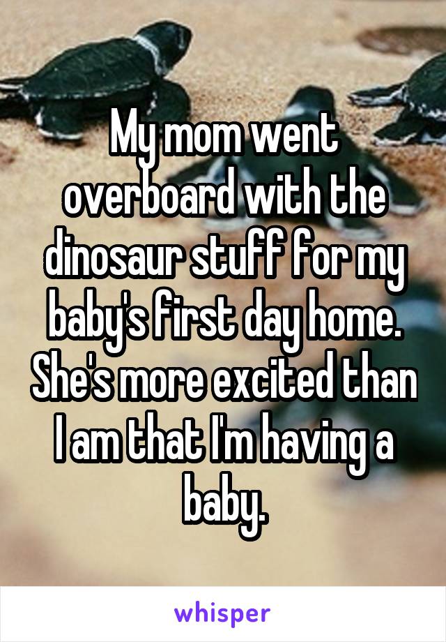 My mom went overboard with the dinosaur stuff for my baby's first day home. She's more excited than I am that I'm having a baby.