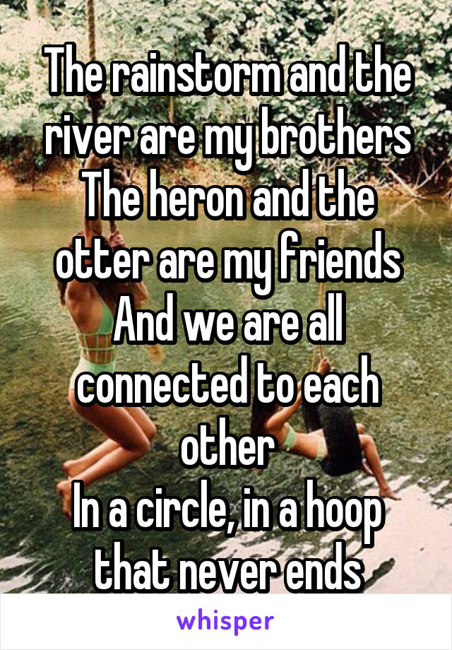 The rainstorm and the river are my brothers
The heron and the otter are my friends
And we are all connected to each other
In a circle, in a hoop that never ends