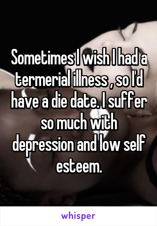 Sometimes I wish I had a termerial illness , so I'd have a die date. I suffer so much with depression and low self esteem.