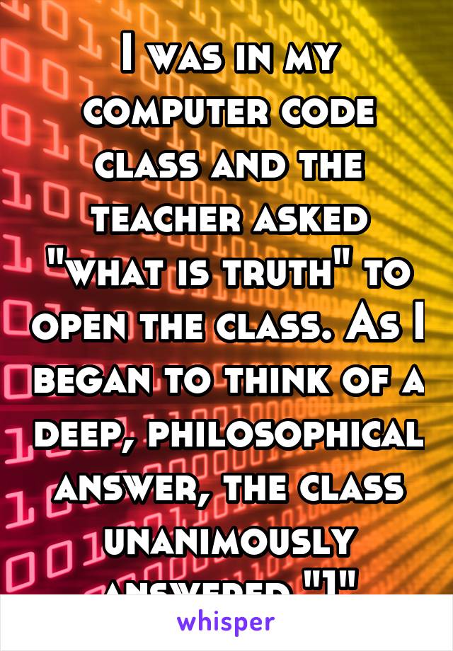 I was in my computer code class and the teacher asked "what is truth" to open the class. As I began to think of a deep, philosophical answer, the class unanimously answered "1"