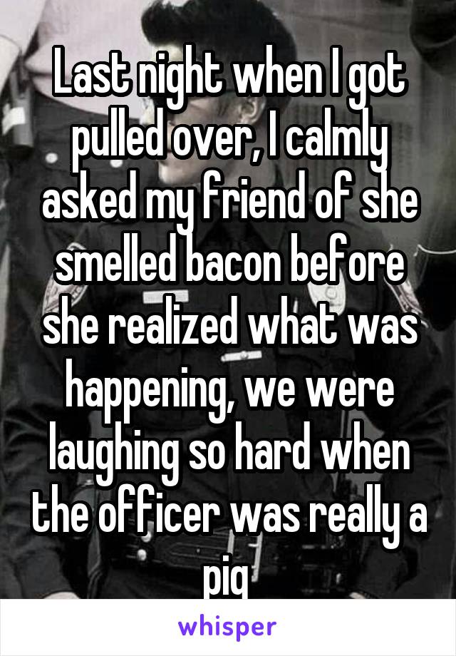 Last night when I got pulled over, I calmly asked my friend of she smelled bacon before she realized what was happening, we were laughing so hard when the officer was really a pig 