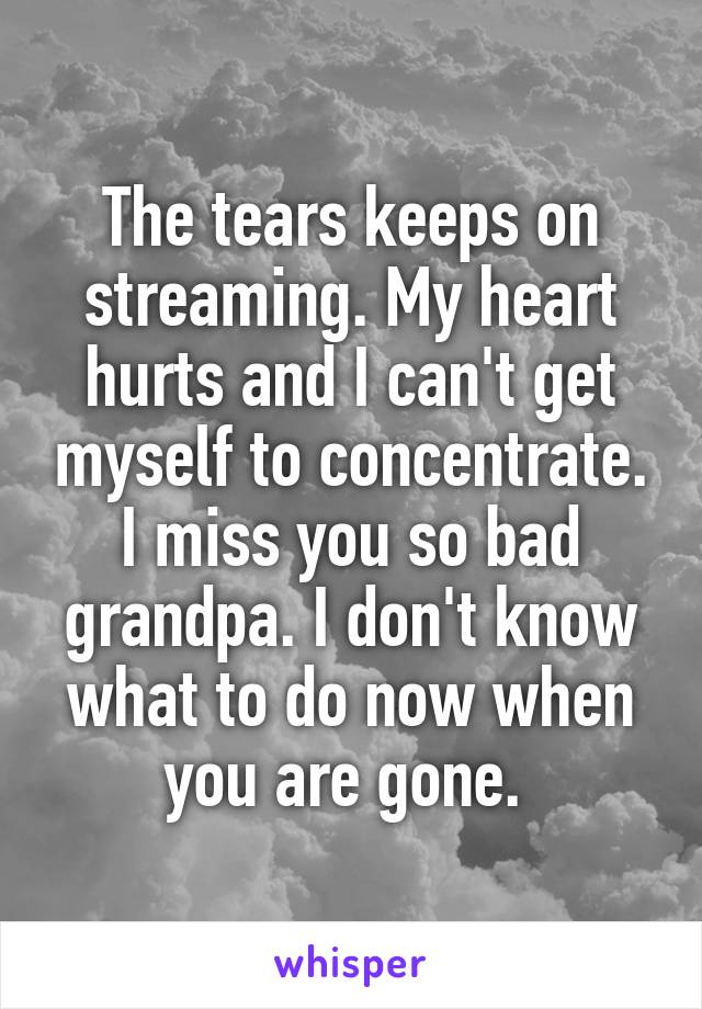 The tears keeps on streaming. My heart hurts and I can't get myself to concentrate. I miss you so bad grandpa. I don't know what to do now when you are gone. 