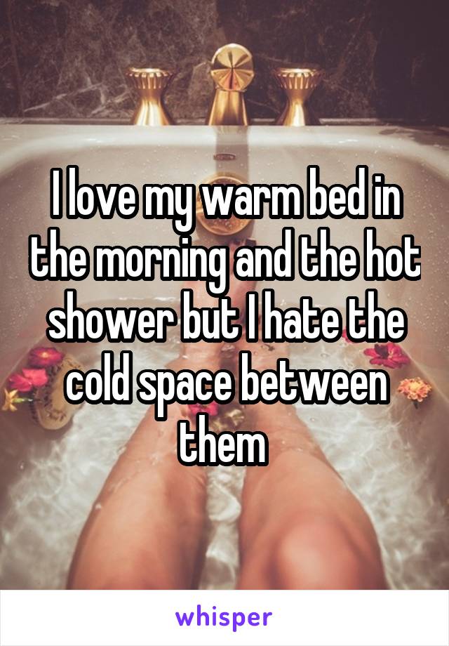 I love my warm bed in the morning and the hot shower but I hate the cold space between them 