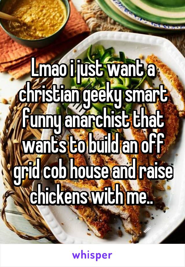 Lmao i just want a christian geeky smart funny anarchist that wants to build an off grid cob house and raise chickens with me.. 