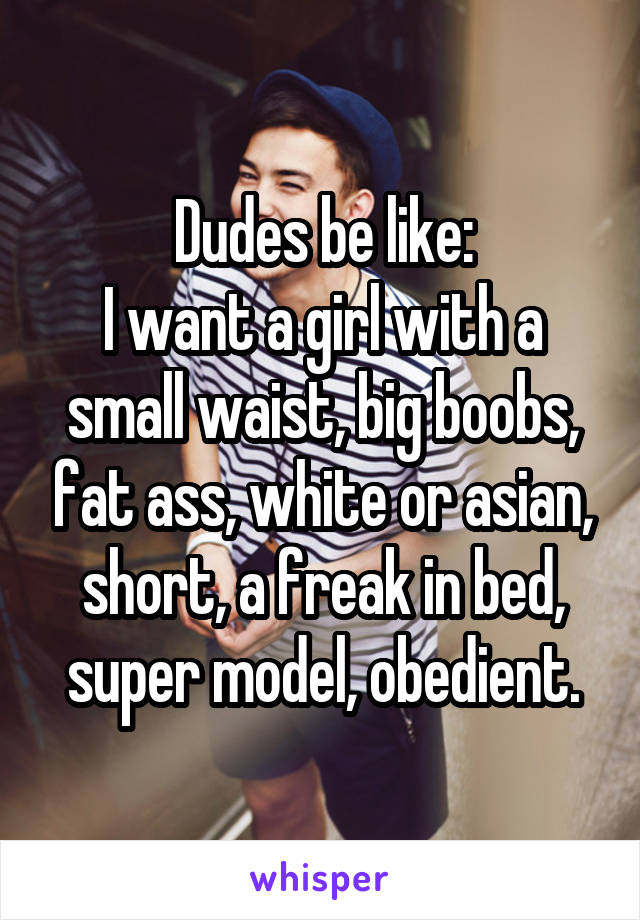 Dudes be like:
I want a girl with a small waist, big boobs, fat ass, white or asian, short, a freak in bed, super model, obedient.