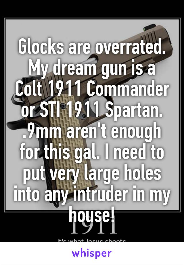 Glocks are overrated.
My dream gun is a Colt 1911 Commander or STI 1911 Spartan.
.9mm aren't enough for this gal. I need to put very large holes into any intruder in my house!