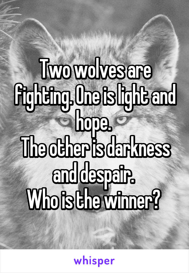 Two wolves are fighting. One is light and hope. 
The other is darkness and despair. 
Who is the winner? 