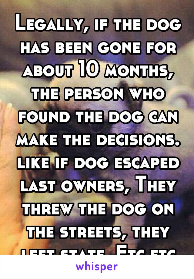 Legally, if the dog has been gone for about 10 months, the person who found the dog can make the decisions. like if dog escaped last owners, They threw the dog on the streets, they left state. Etc etc