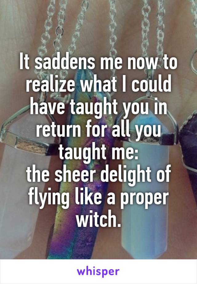 It saddens me now to realize what I could have taught you in return for all you taught me:
the sheer delight of flying like a proper witch.