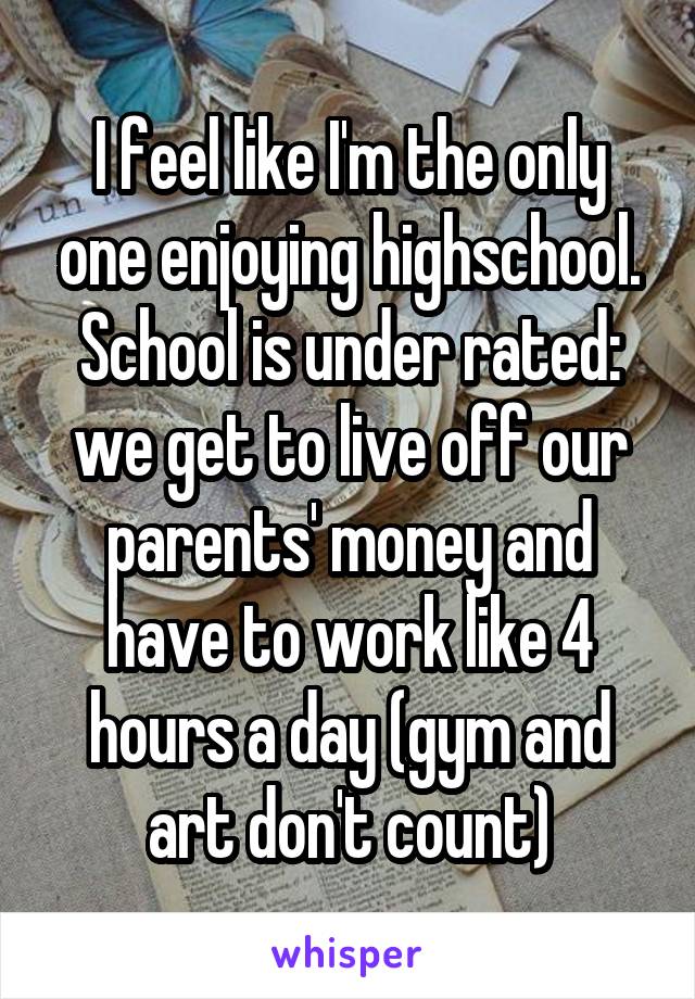 I feel like I'm the only one enjoying highschool. School is under rated: we get to live off our parents' money and have to work like 4 hours a day (gym and art don't count)
