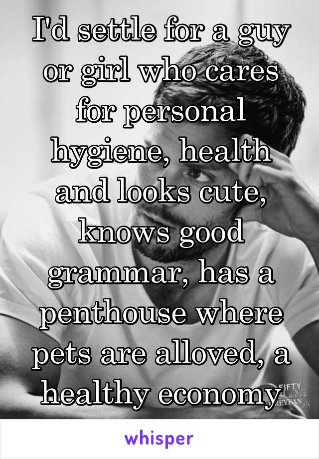 I'd settle for a guy or girl who cares for personal hygiene, health and looks cute, knows good grammar, has a penthouse where pets are alloved, a healthy economy and oh, loves me.