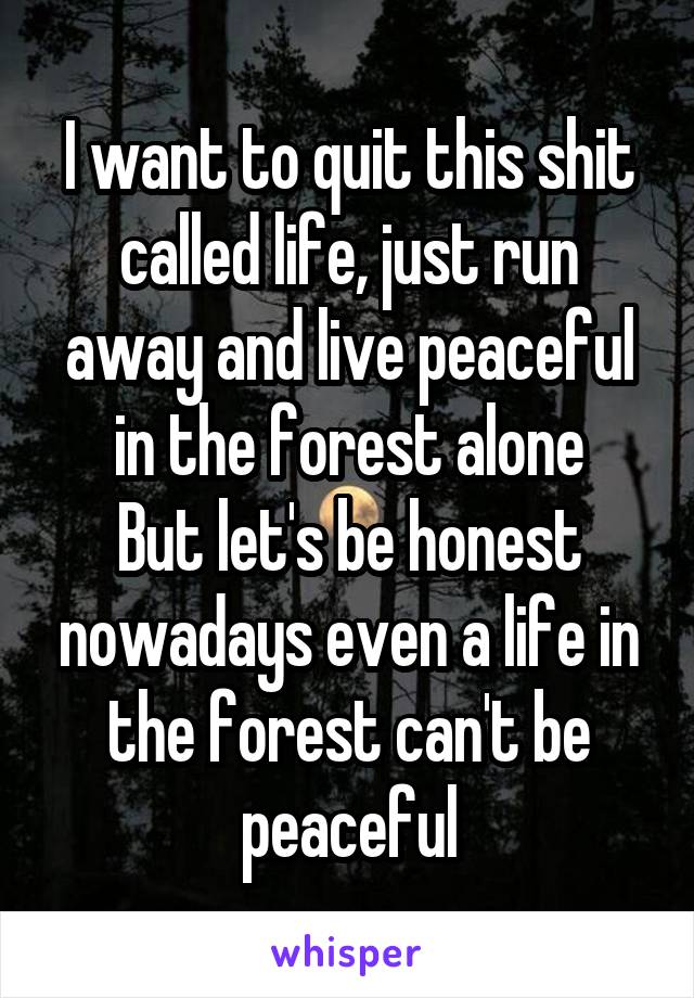 I want to quit this shit called life, just run away and live peaceful in the forest alone
But let's be honest nowadays even a life in the forest can't be peaceful